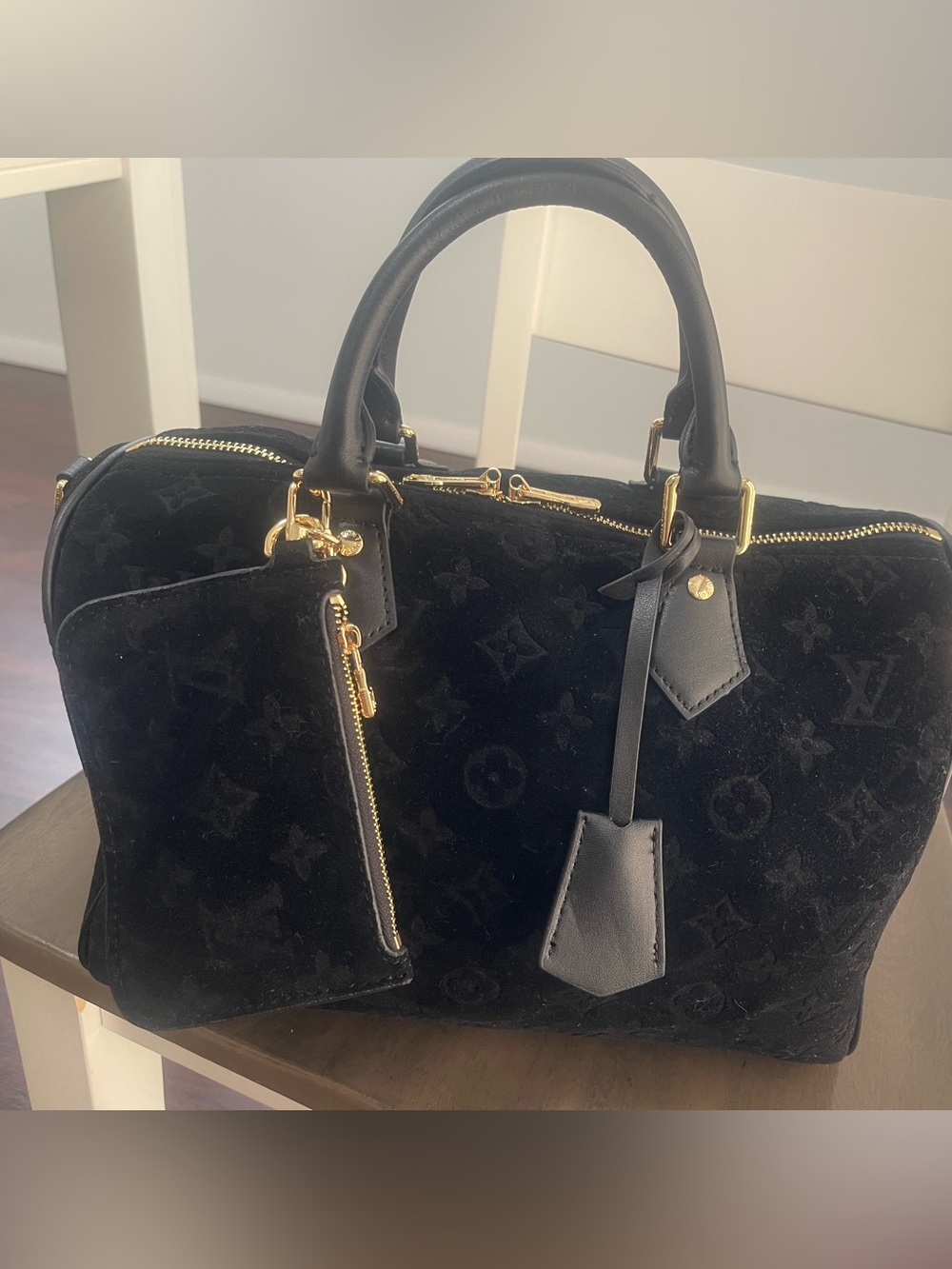 25CM Suede Speedy W/ Small Coin Pouch and Crossbody Strap